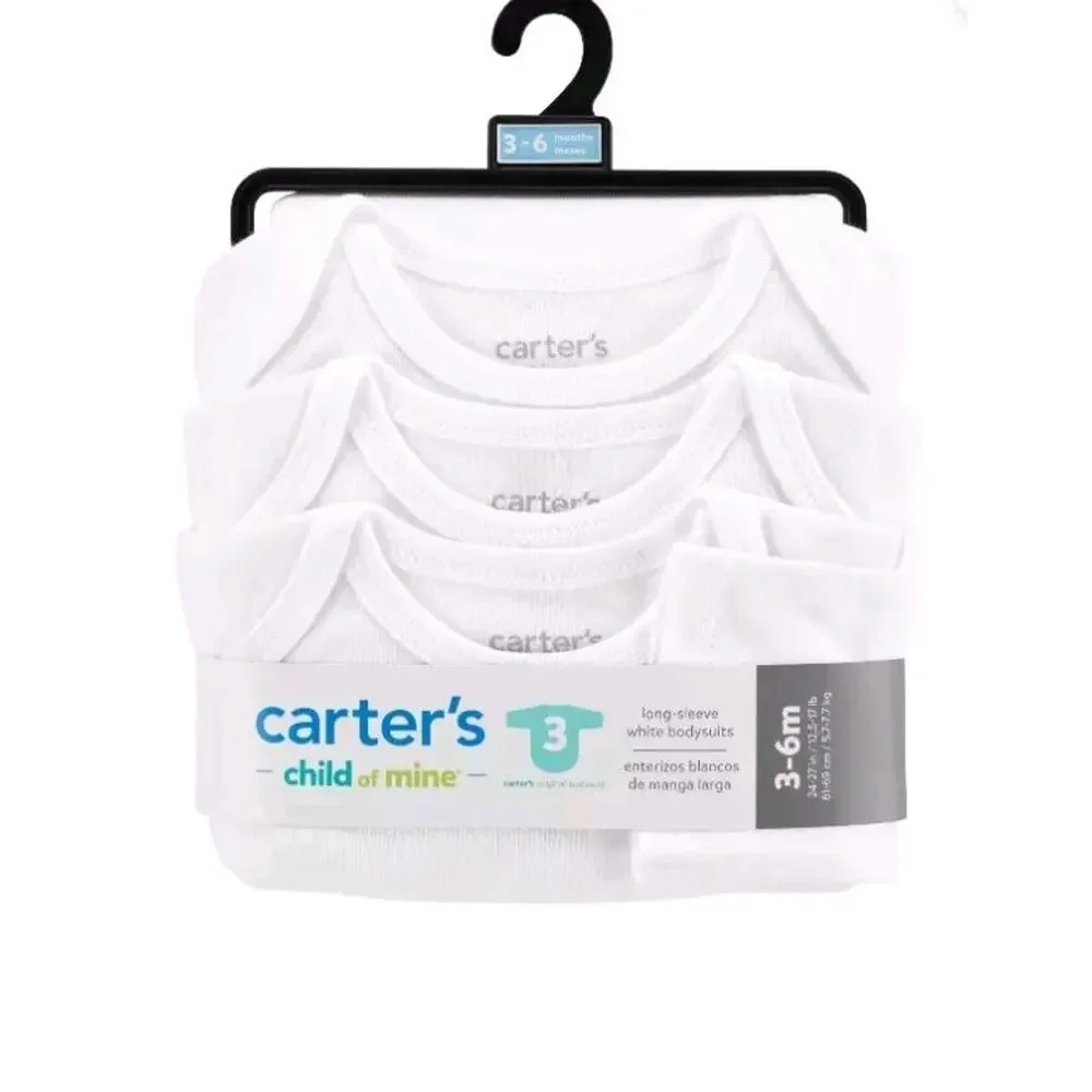 Carter's Child of Mine Baby 3-6 Months Long Sleeve White Bodysuit 3-Pack T Shirt